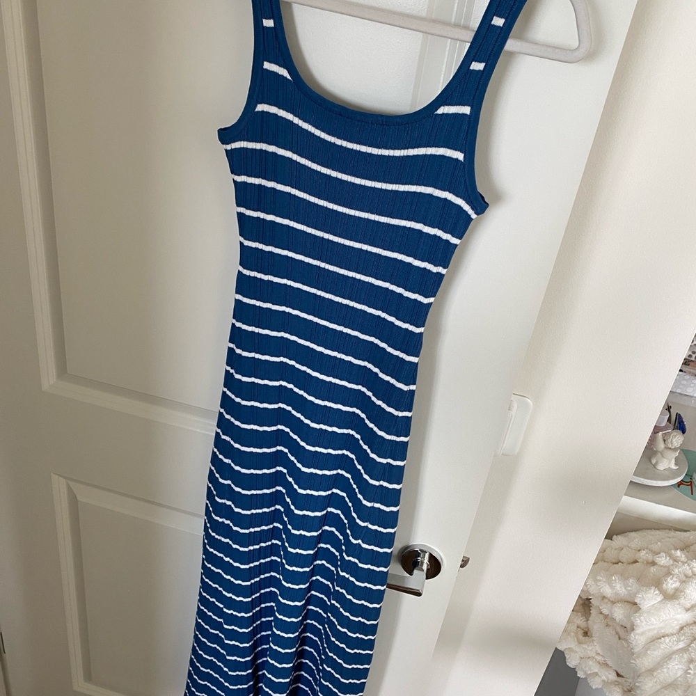 NWT Sleeveless Blue & White Striped Tank Dress Maxi Square Neck Ribbed Knit - Picture 6 of 15